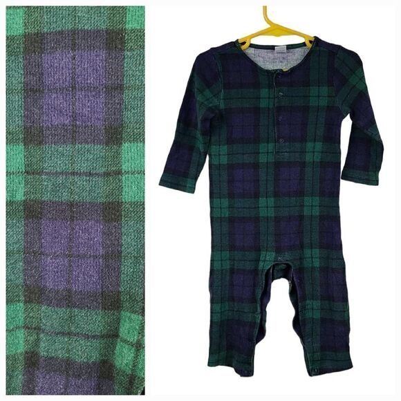 Old Navy Boys 18-24M Green Plaid Soft Knit Thermal One-Piece Henley Jumper Pants - Picture 1 of 6